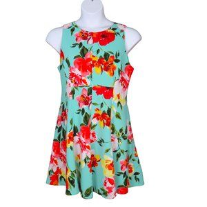 Madison Leigh Aqua and Pink Floral Sleeveless Fit and Flare Dress Size 14 EUC